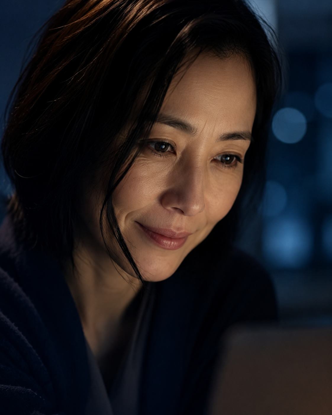 Character Portrait: Woman smiling as she reads her astrological result