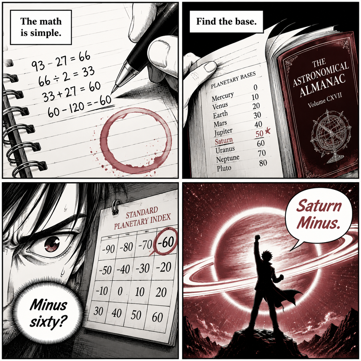 Comic Grid: 2x2 panel showing the math process