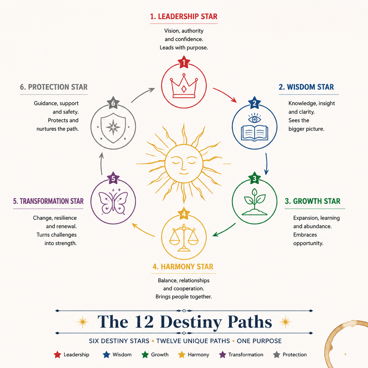 Infographic: The 12 Destiny Paths radiating from a central sun