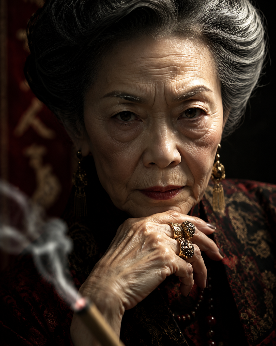 Character Portrait: Stern older Japanese woman glaring into camera