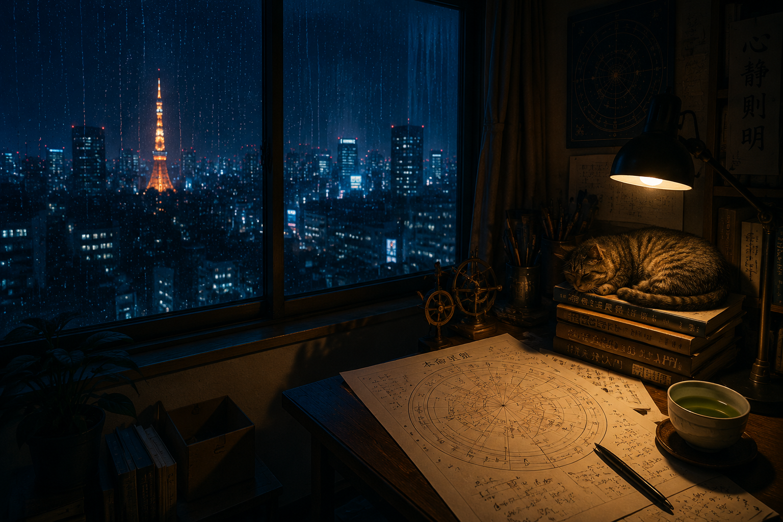 Scene: Rainy Tokyo apartment at night with astrology charts on a desk
