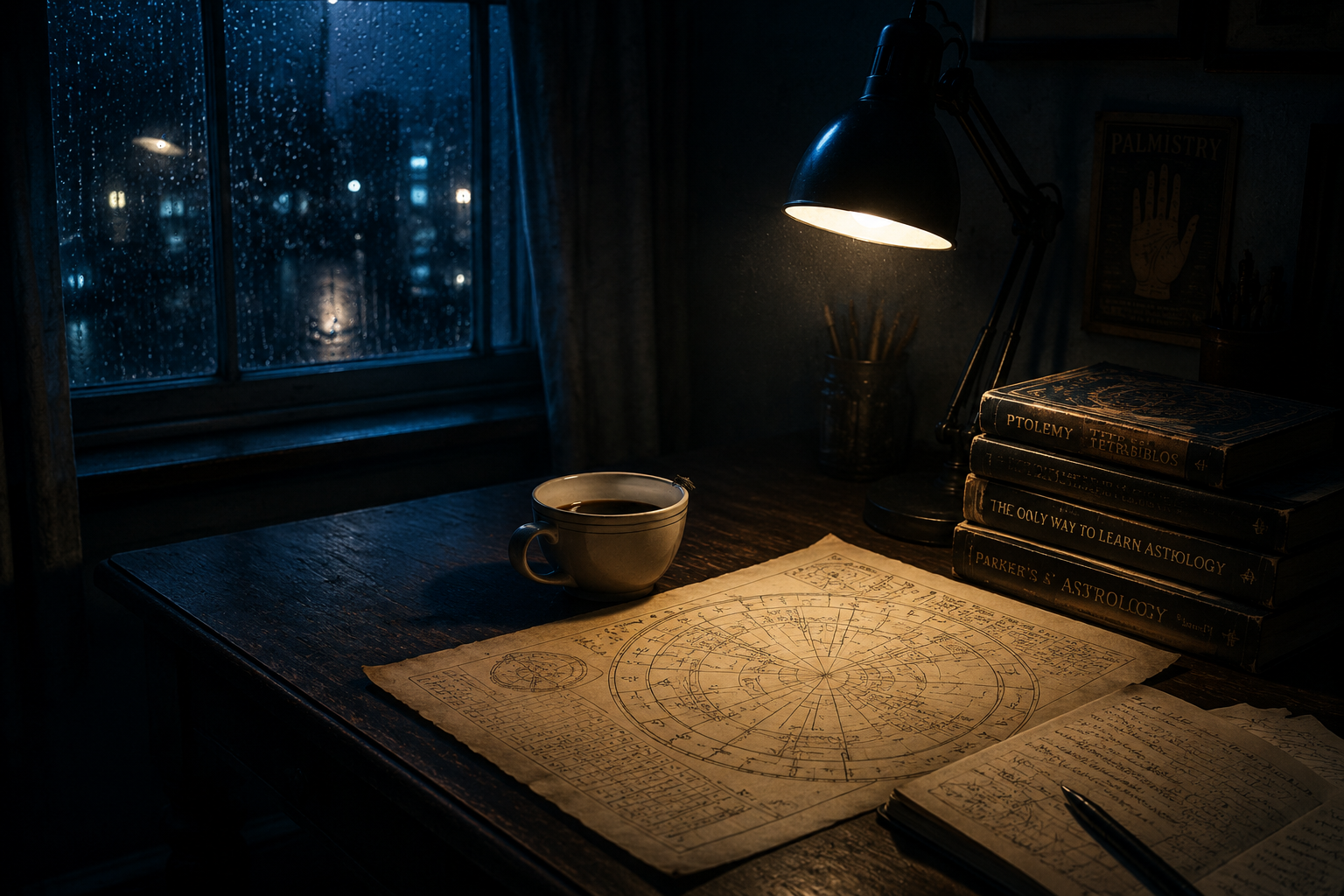 Scene: Late night astrology reading desk