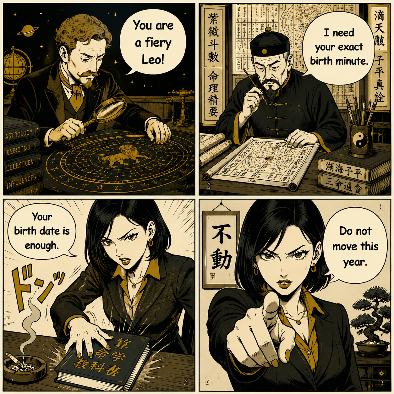 Comic Grid: Western vs Six-Star astrology approaches