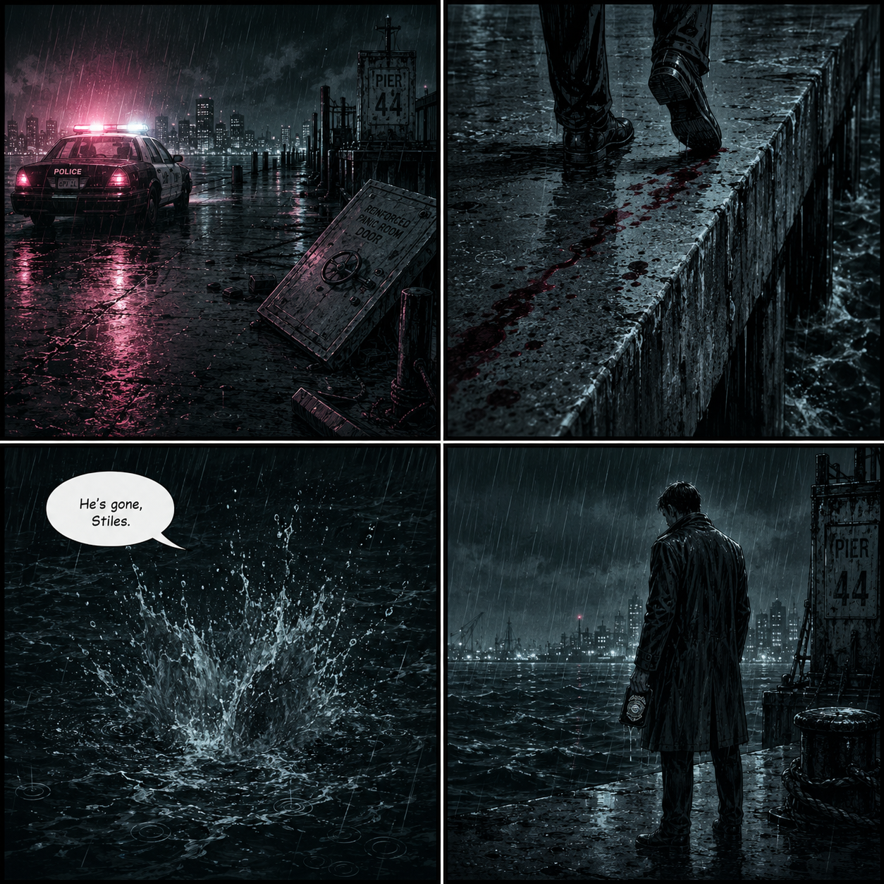 Comic Grid: The ambiguous finale showing Coltrane Wilder falling from Pier 44